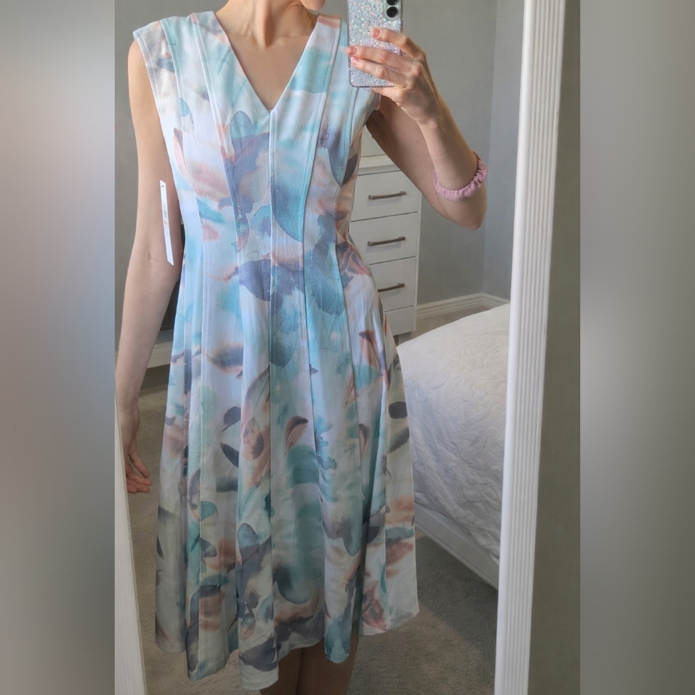 Calvin Klein Pink+Blue Pastel Floral Watercolour Midi Dress NWT Sz 2